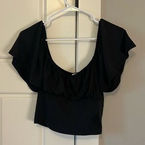 Blue Rain Black Ruffle Off-Shoulder Crop Top